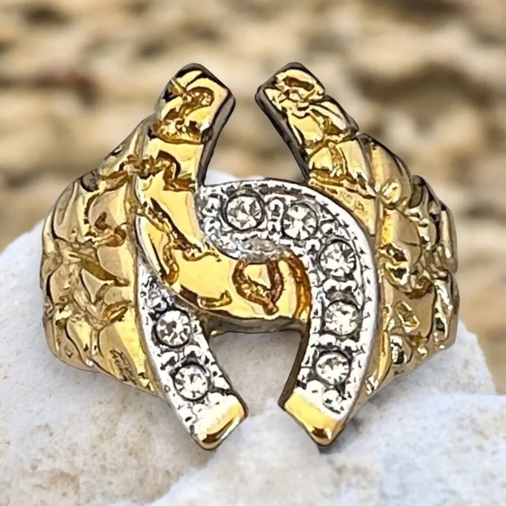 Vintage 1980s Ring Size 9 Horseshoe Nugget Textured CZ Gold Plated - 14P